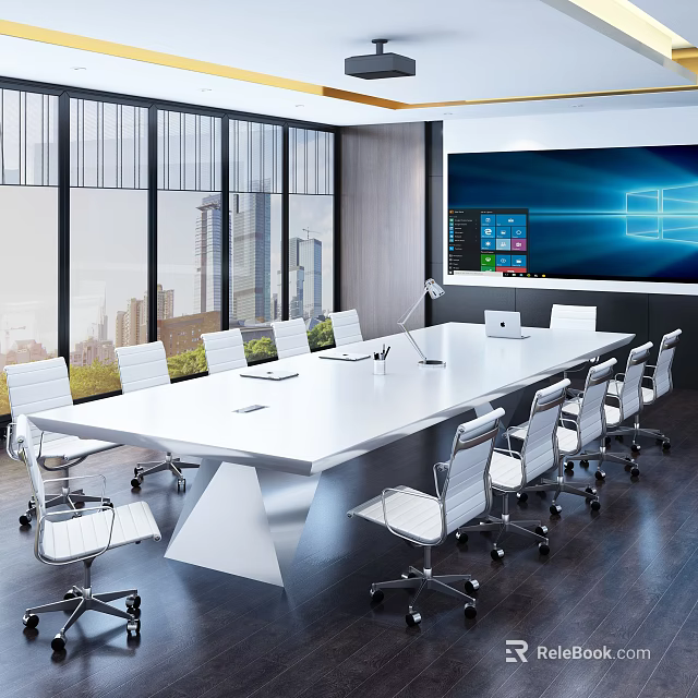 Modern Meeting Room Interior Design With Large Windows Long Table White Chairs And Electronic Screen 3d model 