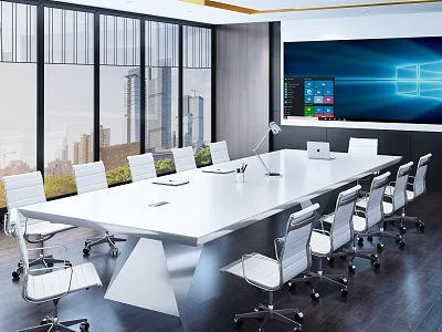 Modern Meeting Room Interior Design With Large Windows Long Table White Chairs And Electronic Screen 3d model
