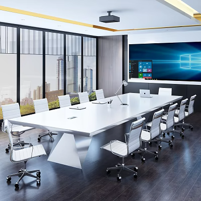 Modern Meeting Room Interior Design With Large Windows Long Table White Chairs And Electronic Screen 3d model