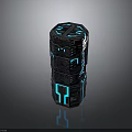 Futuristic Black Cylindrical Object With Blue Glowing Lines And Geometric Patterns 3d model