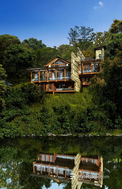Hillside Detached Villa with Large Windows Stone Walls Greenery and Water Swans 3d model 