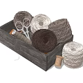 Wooden Box With Colorful Thread Spools Scissors And Sewing Supplies