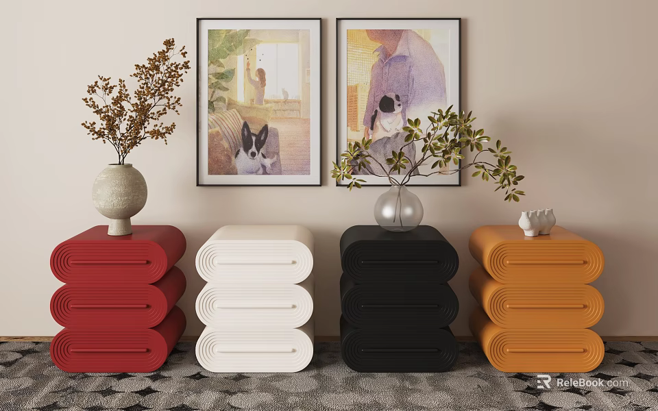 Colorful Entryway Console Tables In Red White Black Orange With Vase Plants And Framed 3d model 