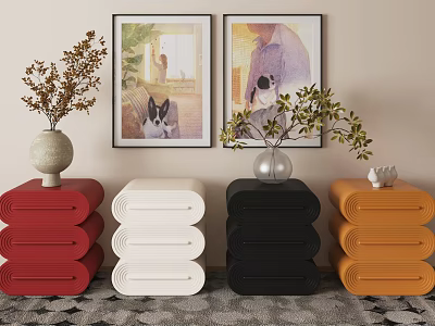 Colorful Entryway Console Tables In Red White Black Orange With Vase Plants And Framed 3d model