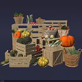 Yellow and Green Striped Pumpkins Placed Beside Wooden Crate on Dark Surface