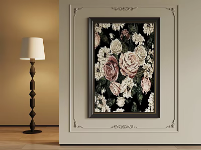 Elegant Floral Painting With Pink White Roses And Decorative Frame Near Floor Lamp 3d model