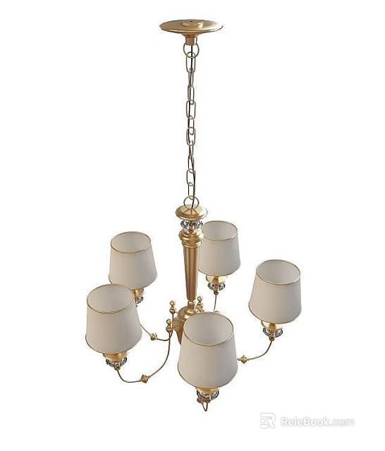 Tech Exhibition Hall Interior With Chandelier Featuring Five White Shades Gold Metal Frame And Chain 3d model 