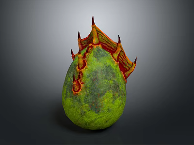 Green Egg Shaped Object With Red Yellow Spiked Top And Surface Patterns 3d model
