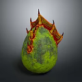 Green Egg Shaped Object With Red Yellow Spiked Top And Surface Patterns