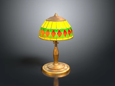 Vintage Table Lamp With Stained Glass Shade Yellow Green Red Diamond Pattern And Golden Base 3d model