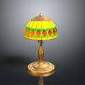 Vintage Table Lamp With Stained Glass Shade Yellow Green Red Diamond Pattern And Golden Base