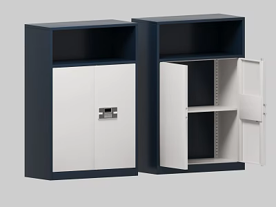 Two Navy Blue and White Bookcases One Locked Door and One Open Door with Shelves 3d model