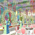 Banquet Hall Interior With Hanging Floral Decor Green Red Drapes Archway And Pink Chairs