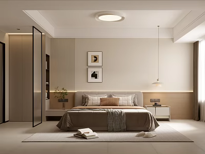 Modern Minimalist Bedroom Interior Design With Large Bed Decorative Paintings And Neutral Tones 3d model