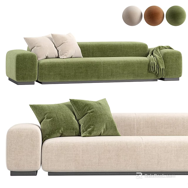 Green And Beige Sectional Sofa With Decorative Pillows And Cozy Blanket For Living Room 3d model 