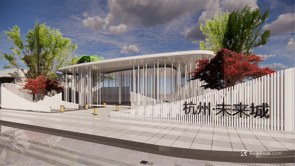 Modern Entrance Gate of Hangzhou Future City With White Structure Green Plants and Red Trees 3d model 
