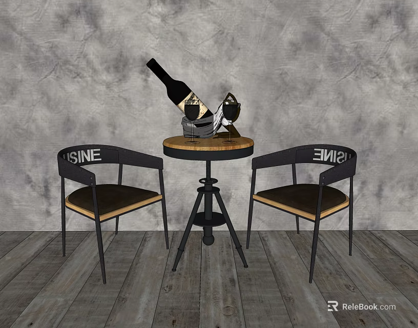 Modern Table And Chairs Set With Wine Bottle And Glasses On Wooden Floor Gray Wall 3d model 