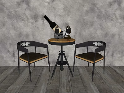 Modern Table And Chairs Set With Wine Bottle And Glasses On Wooden Floor Gray Wall 3d model