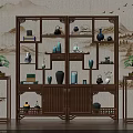 Traditional Wooden Chinese Display Shelf With Tea Sets Vases And Books