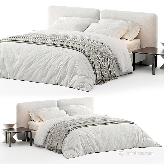 Modern Minimalist Double Bed With White Quilt Gray Blanket Pillows And Side Table 3d model 