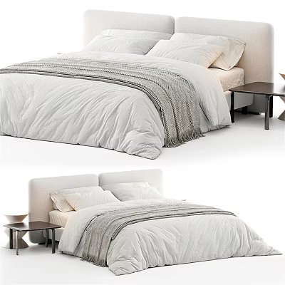 Modern Minimalist Double Bed With White Quilt Gray Blanket Pillows And Side Table 3d model