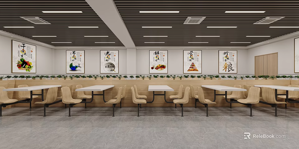 Modern Cafeteria Interior With Tables Chairs Ceiling Light Strips And Wall Decorative Paintings 3d model