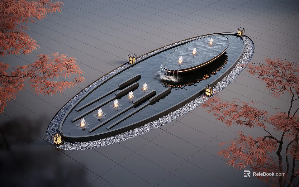 Oval Shaped Water Fountain With Flowing Water Candles Lanterns And Red Maple Leaves 3d model 