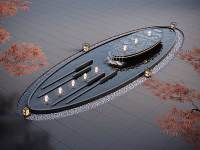 Oval Shaped Water Fountain With Flowing Water Candles Lanterns And Red Maple Leaves 3d model