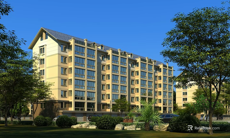 Modern Residential Building Exterior With Yellow Facade Multiple Windows And Green Landscaping Surrounded By Trees 3d model 