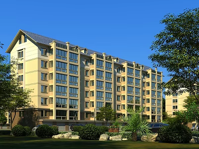 Modern Residential Building Exterior With Yellow Facade Multiple Windows And Green Landscaping Surrounded By Trees 3d model