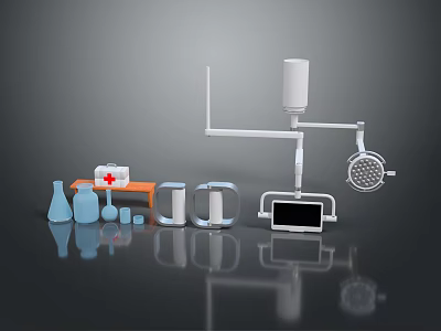 Professional Medical Equipment Setup With Surgical Lamp Bottles Monitor And First Aid Kit 3d model