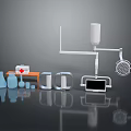Professional Medical Equipment Setup With Surgical Lamp Bottles Monitor And First Aid Kit