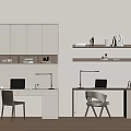 Modern Minimalist Dual Desks Interior With Laptops Table Lamps Shelves And Cabinets