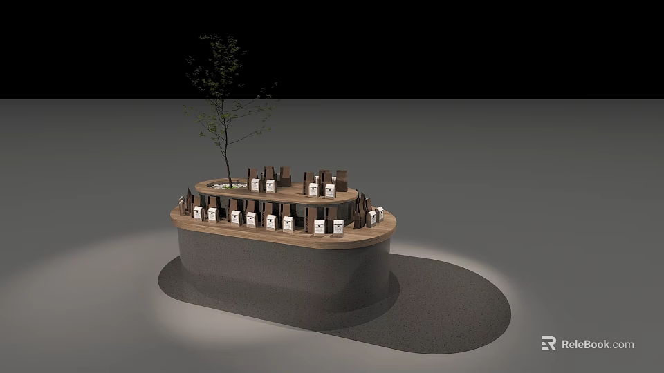 Circular Display Shelf With Small Compartments Holding White Products And Small Tree On Top 3d model 