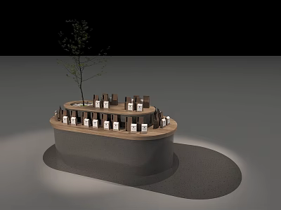 Circular Display Shelf With Small Compartments Holding White Products And Small Tree On Top 3d model