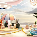 Vibrant Playground Featuring Cartoon Sculpture Pink Counter Striped Umbrella Green Plants And Decorative Houses