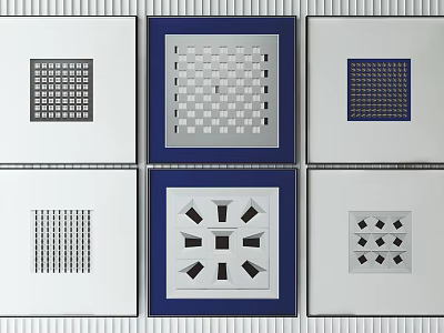 Six Square Decorative Panels With Various Geometric Patterns And Blue Borders On White Background 3d model