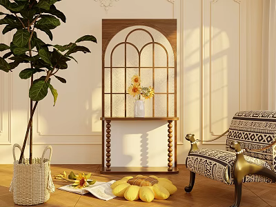 Wooden Arched Room Divider Screen With Sunflower Bouquet And Green Plant In Bright Interior 3d model