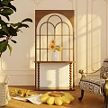 Wooden Arched Room Divider Screen With Sunflower Bouquet And Green Plant In Bright Interior
