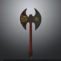 Ornate Double Bladed Axe With Yellow Geometric Pattern Red Gemstone And Red Handle 3d model