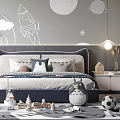 Kids Room Interior With Rocket Planet Wall Decor Bed Toys Shelf And Cozy Rug