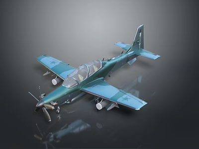 Teal Green Two Seat Aircraft Model With Propeller Star Insignia On Wings And Reflection 3d model