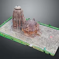 Cartoon Scene Featuring Traditional Temple Models Green Border Stone Pavement And Decorative Plants