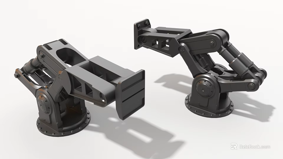 Two Black Industrial Robotic Arms With Articulated Joints And Stable Metal Bases 3d model 