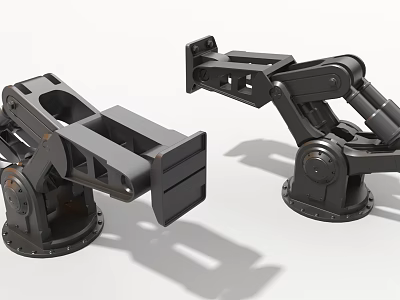 Two Black Industrial Robotic Arms With Articulated Joints And Stable Metal Bases 3d model