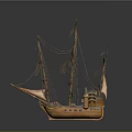 Detailed Wooden Sailing Ship Model With Multiple Masts And Brown Sails On