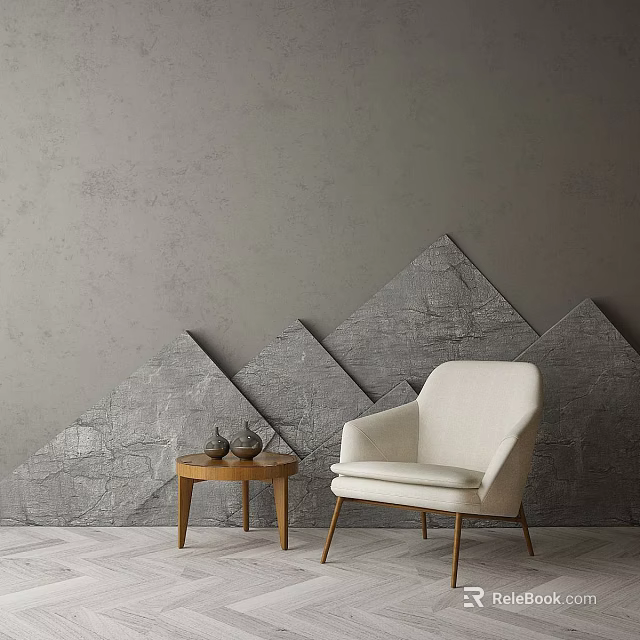 Modern Technology Exhibition Hall Featuring Gray Walls Geometric Decorations White Armchair And Wooden Table 3d model 