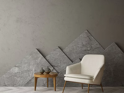 Modern Technology Exhibition Hall Featuring Gray Walls Geometric Decorations White Armchair And Wooden Table 3d model