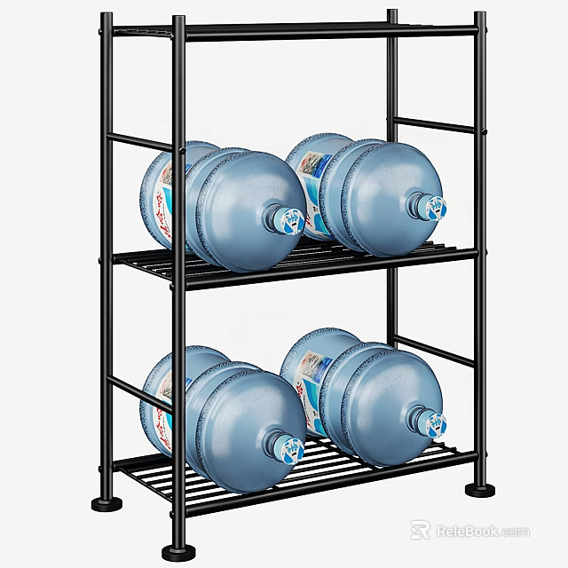 Sturdy Black Metal Multi Tier Storage Shelf With Large Water Bottles 3d model 