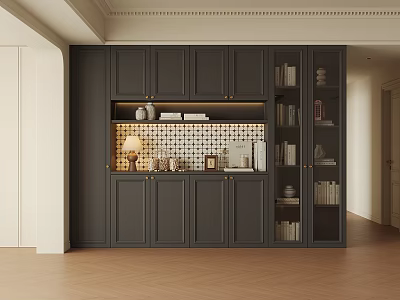 Modern Dark Gray Sideboard With Open Shelves Table Lamp And Decorative Books 3d model